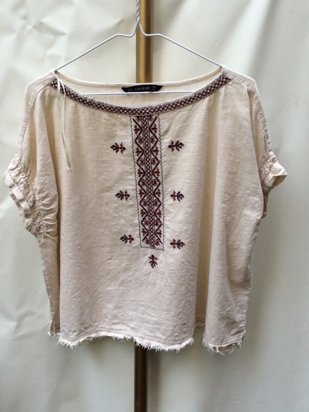 Zara Cream Embroidered Boho Short-Sleeve Top
